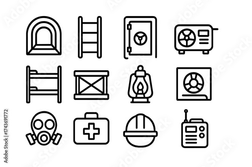 Underground Shelter Icons. Underground Shelter. Line icon set of Underground Shelter: tunnel, ladder, metal door, generator, bunk bed, storage crate, lantern,