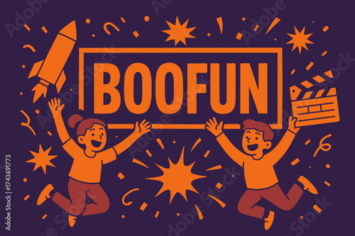 BooFun Celebration Banner. BooFun banner, flat vector illustration, bold oversized text inside rectangular frame, cartoon characters jumping and cheering near