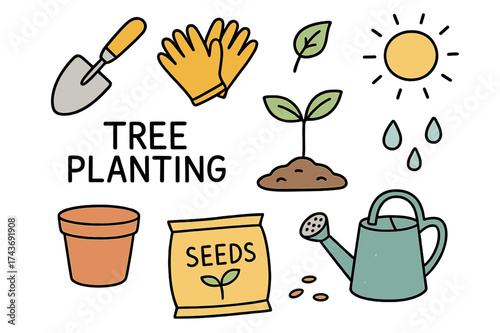 Tree Planting Doodle. Tree Planting. Hand-drawn doodle illustration shovel (colored), gloves, soil mound (colored), watering can, sprout (colored), pot, bag of