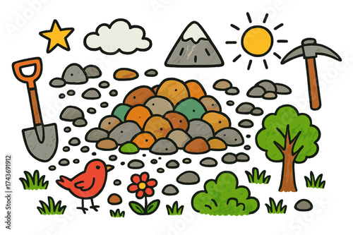 Colorful Rocky Landscape. Rocky Ground. Colorful Hand-drawn doodle Children illustration gravel stones, boulder, rock pile, shovel, pickaxe, star, mountain,