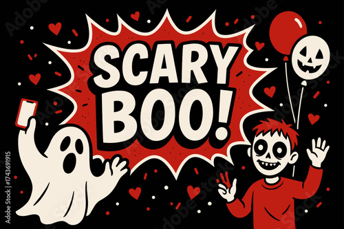 Spooky Comic Burst. Scary Boo Glow banner, flat vector illustration, bold oversized text inside comic burst, cartoon characters standing and waving, holding