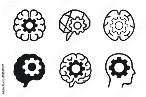 Brain Gear Logos. Neuroscience of memory. Set Logo of Neuroscience of memory: Brain with gear. harmonious logo variations of the same emblematic concept, each