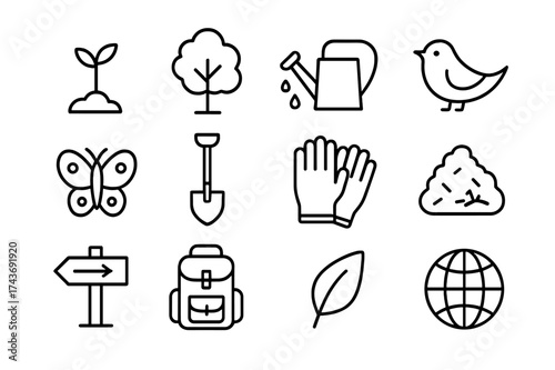 Habitat Restoration Icons. Habitat Restoration. Line icon set of Habitat Restoration: sapling, tree, watering can, bird, butterfly, shovel, gloves, compost