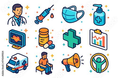Colorful Health Icons. Public Health. Colorful isometric vector icons set of Public Health: male doctor, vaccination syringe, face mask, hand sanitizer, heart
