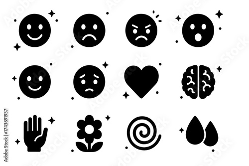 Emotions Icon Grid. Emotions. Solid icons set of Emotions: happy face, sad face, angry face, surprised face, calm face, worried face, heart, brain, hand,
