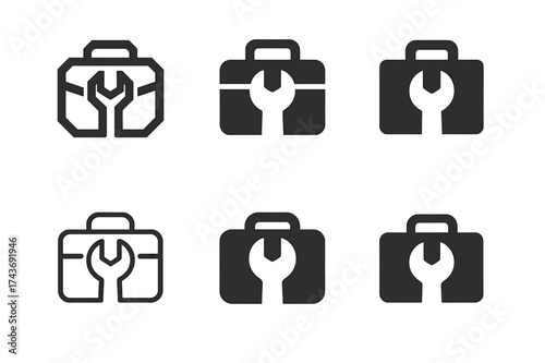 Skill Mastery Logos. Mastering new skills and hobbies. Set Logo of Mastering new skills and hobbies: Toolbox and wrench. harmonious logo variations of the same