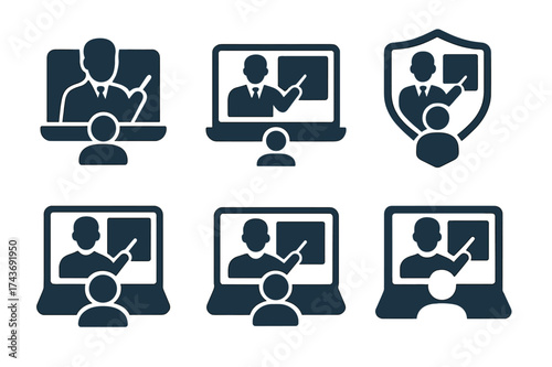 Online Learning Logos. Learning new skills through online platforms. Set Logo of Learning new skills through online platforms: Virtual classroom (teacher on