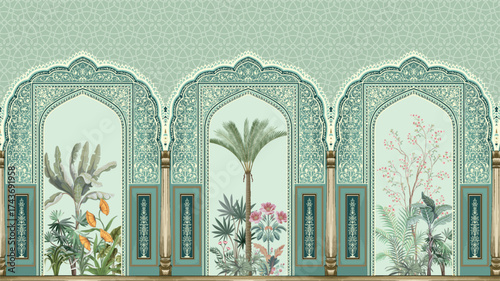 Traditional Mughal Garden Illustrationl, Mughal Wall Mural,Mughal Arch, Tropical Tree.