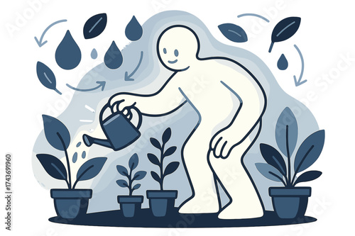 Glowing Plant Care. Plant care. A glowing figure watering potted plants with abstract floating water droplets and leaf icons orbiting above, soft light