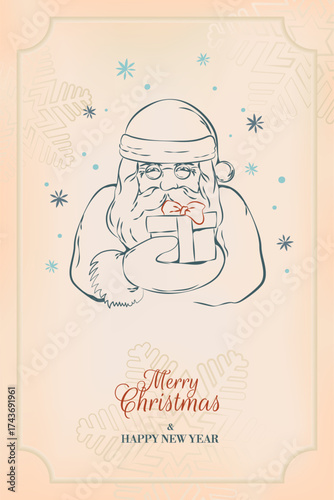 Merry Christmas and Happy New Year. Retro postcard design, covers with hand-drawn Santa Claus with gift in hand, vintage frame, background of aged paper.