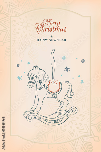 Merry Christmas and Happy New Year. Retro postcard design, covers with hand-drawn Christmas ornaments, rocking horse, vintage frame, background of aged paper.