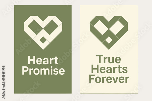 Heart Promise Banners. Heart Promise. Two vertical A6 banners, geometric, olive green and cream backgrounds, angular infinity heart built from clean polygons,