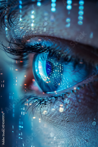 Digital Eye: A close-up view of an eye with digital overlay, suggesting the convergence of technology and human vision. The eye is filled with data streams and code.