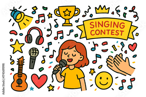 Singing Contest Fun. Singing contest. Colorful Hand-drawn doodle Children illustration Singing contest microphone, spotlight, stage, music notes, trophy, star,