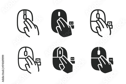 Wireless Mouse Logos. Using a wireless mouse at the desk. Set Logo of Using a wireless mouse at the desk: USB receiver dongle. harmonious logo variations of
