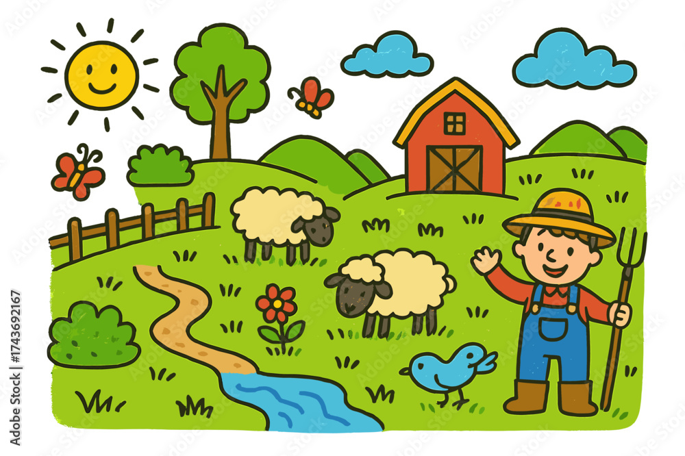 Naklejka premium Countryside Doodle Scene. Countryside Pasture. Colorful Hand-drawn doodle Children illustration sheep, tree, fence, barn, grass, flower, butterfly, sun, cloud,
