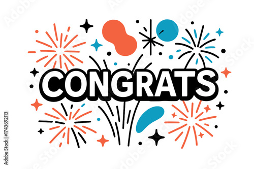 Congrats Fireworks Display. Congratulations Fireworks. Exploding abstract fireworks forming the word ?Congrats,? glowing sparks and stars floating in the sky.
