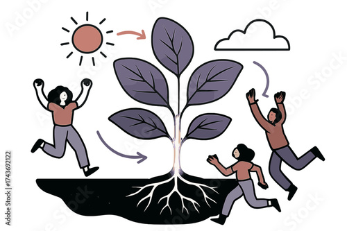 Lively Glowing Plant. Full-grown plant. Tall glowing plant with large leaves and strong roots spreading underground. Floating abstract arrows connecting soil,