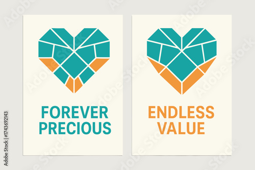 Geometric Jewel Banners. Union. Two vertical A6 banners with safe margins, centered composition, no elements touching edges, geometric style, turquoise and