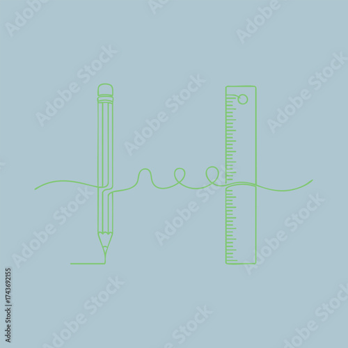 Creative stationery with a pencil, ruler, and a continuous line drawing on a soft blue