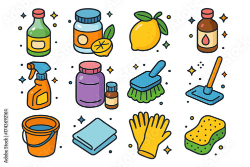 DIY Cleaning Icons. DIY Cleaners. Colorful isometric vector icons set of DIY cleaners: vinegar bottle, baking soda jar, lemon, essential oil, spray bottle,