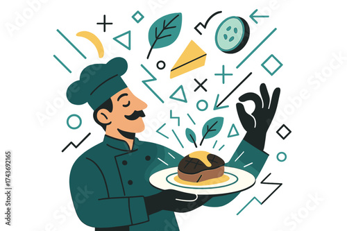 Chef's Signature Delight. Chef?s special. Glowing plate with signature dish, abstract floating ingredients and geometric lines emphasizing