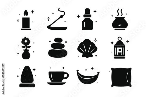 Peaceful Icon Set. Relaxing ambiance objects. Solid icons set of candle, incense stick, essential oil bottle, aroma diffuser, flower vase, pebble stack,