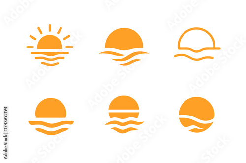 Sunset Logo Variations. Letting go of stress from the day. Set Logo of sunset horizon: sun setting over waves symbolizing relaxation. harmonious logo