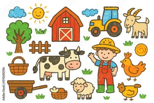Colorful Farm Village. Farm Village. Colorful Hand-drawn doodle Children illustration barn, cow, sheep, goat, chicken, tractor, hay bale, fence, basket, tree,
