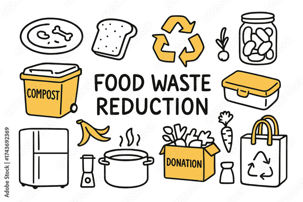 Obraz premium Food Waste Solutions. Food waste reduction. Hand-drawn doodle illustration food waste reduction compost bin (accented), leftover plate, bread slice (accented),