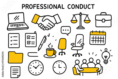 Professional Conduct Doodle. Professional Conduct. Hand-drawn doodle illustration professional conduct handshake (accented), laptop, office desk (accented),