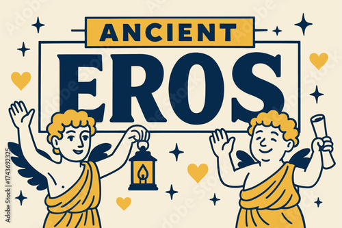 Ancient Eros Banner. Ancient Eros banner, flat vector illustration, bold oversized text inside rectangular frame, cartoon characters standing and waving,