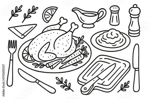 Roasted Chicken Doodle. Roasted Chicken with Mashed Potatoes. Hand-drawn doodle illustration roasted chicken with a side of mashed potatoes roasted chicken,