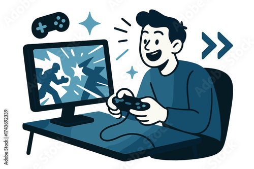 Dynamic Gamer Vibes. Video gamer. Glowing character sitting at desk with controller in hand, screen glowing with action. Floating icons of joystick, sparkle,