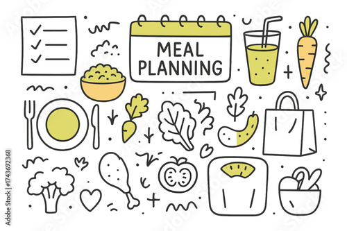 Meal Planning Doodle. Meal Planning. Hand-drawn doodle illustration calendar (colored), checklist, plate with fork and knife (colored), smoothie, grains