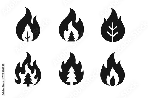 Wildfire Flame Logos. Natural disasters. Set Logo of wildfire flame: Flat solid, Negative space, Stylized detail, Symmetrical form, Minimal outline, Filled