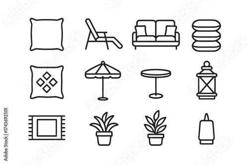 Outdoor Pillow Icons. Outdoor pillows. Line icon set of outdoor pillows: decorative pillow, lounge chair, outdoor sofa, cushion stack, patterned pillow, sun