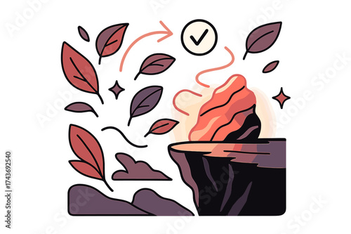 Harmonious Nature Abstract. Nature balance. A glowing rock formation on a cliff edge, abstract floating leaves and light lines emphasizing harmony with