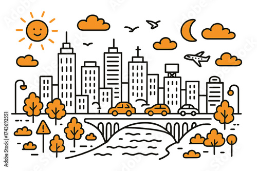 Riverside Skyline Doodle. Riverside Skyline. Hand-drawn doodle illustration riverside skyline skyscrapers (accented), city buildings, clouds (accented), sun,