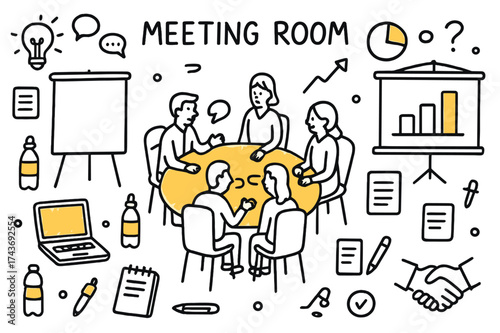 Meeting Room Doodle. Meeting Room. Hand-drawn doodle illustration round table (colored), chairs, projector screen (colored), whiteboard, laptop (colored),