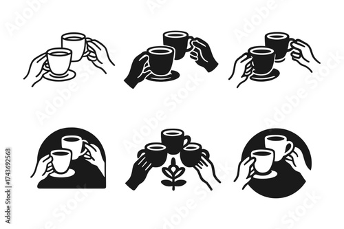 New Year Brunch Logos. New Year?s Day recovery brunch and celebration. Set Logo of New Year?s Day recovery brunch and celebration: Group clinking coffee mugs /