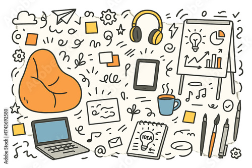 Creative Workspace Doodles. Creative Workspace. Hand-drawn doodle illustration bean bag (colored), whiteboard, laptop (colored), tablet, headphones (colored),