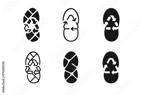 Eco Shoe Logos. Creating eco-friendly shoes from recycled rubber. Set Logo of Creating eco-friendly shoes from recycled rubber: Recycled rubber sole pattern.