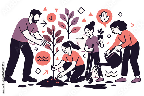 Tree Planting Together. Community tree planting. Glowing volunteers planting trees near flood-prone areas, abstract floating geometric icons and water symbols