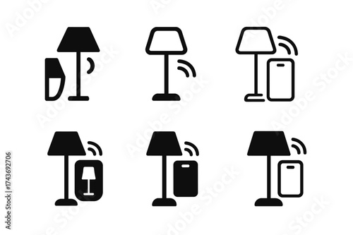 Cozy Lamp Logos. Creating a cozy atmosphere with floor lamps. Set Logo of Creating a cozy atmosphere with floor lamps: Smart floor lamp with app. harmonious