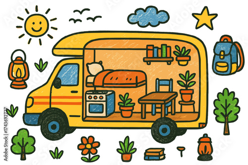 Colorful Camper Van Doodle. Tiny Home Van. Colorful Hand-drawn doodle Children illustration camper van, bed, stove, table, chair, plant, bookshelf, backpack,