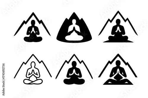 Spirituality Logo Variations. Prayer in nature. Set Logo of Spirituality: mountain peak with meditating figure. harmonious logo variations of the