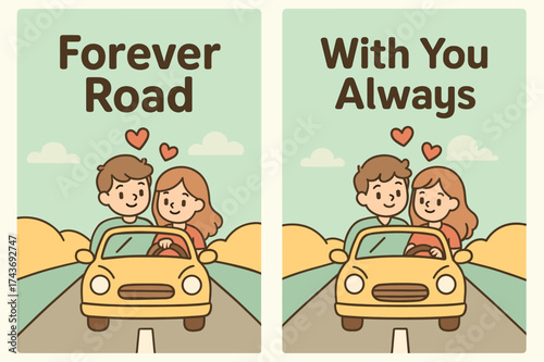 Cute Couple Journey. Forever Road. Two vertical A6 banners with safe margins, centered composition, no elements touching edges, cartoon style, pastel mint and