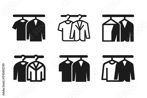 Logo Rod Variations. Closet rod. Set Logo of household utility: rod with shirt and jacket icons. harmonious logo variations of the same emblematic concept,