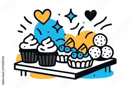 Healthy Dessert Display. Dessert table. Neatly arranged healthy cupcakes, fruit tarts, and energy bites glowing on a table, abstract hearts and stars floating